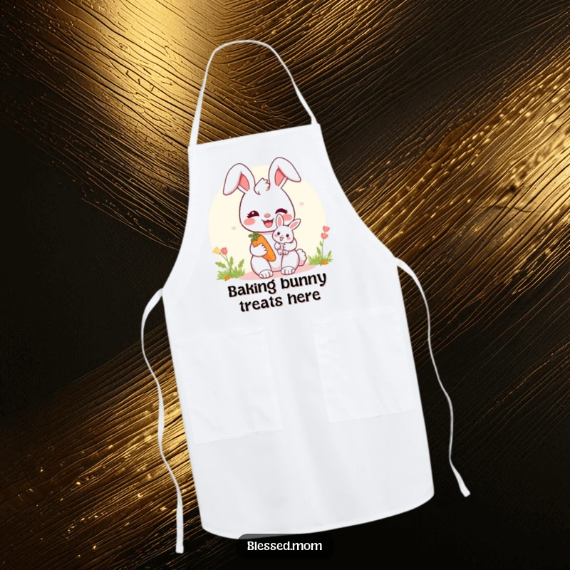 Sweet bunny mom apron with a baby bunny and carrot, symbolizing nurturing care in the kitchen.