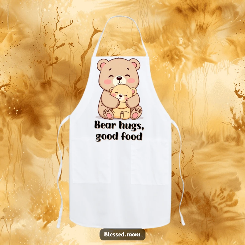 Funny Mama Bear Hug Apron, a cute mother bear tightly hugging her cub with affection, charming kitchen accessory, great funny gift.