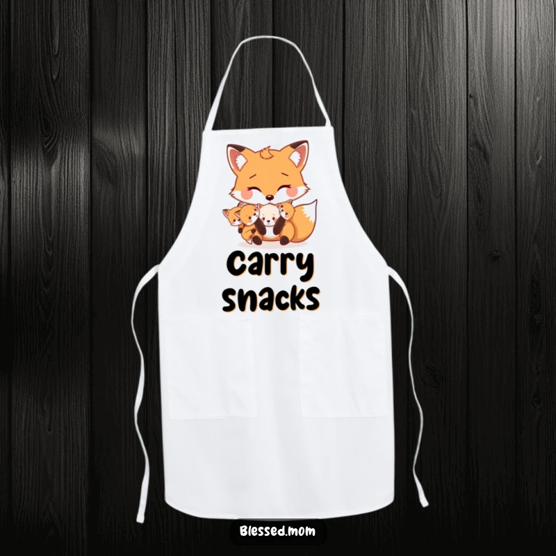 Funny Mama Fox apron shows a cute fox carrying its kits playfully in its mouth, perfect for humorous kitchen activities.