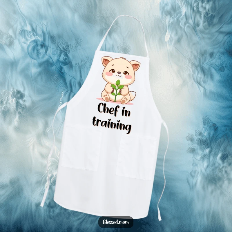 Funny Apron depicting an animal proudly holding a sprout, ideal for kitchen tasks with a funny growth theme. A practical funny gift.