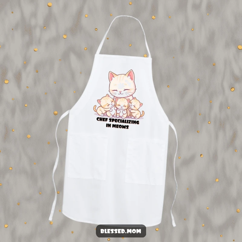 Funny kawaii mother cat tending to her playful kittens, making this apron a delightful and practical addition to any kitchen.