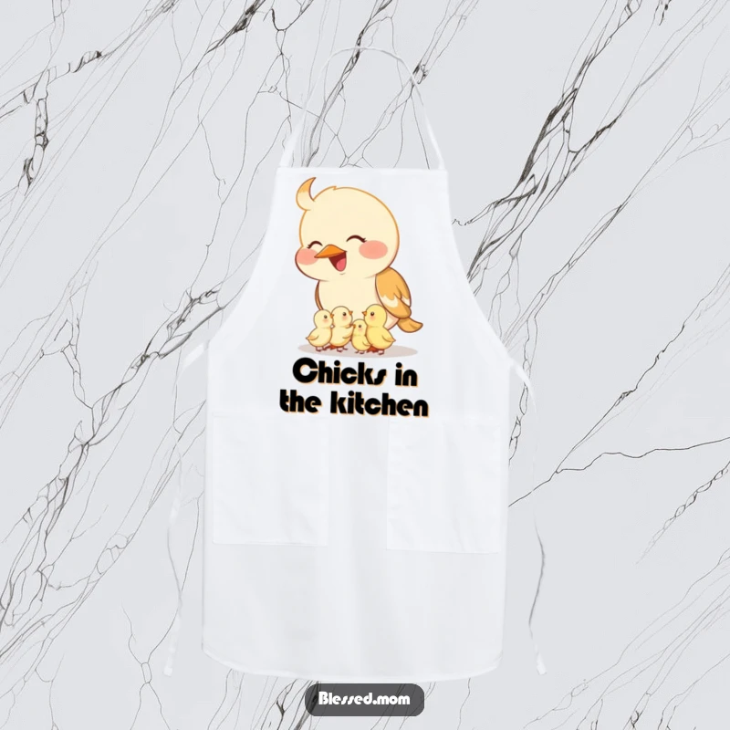 Funny mama bird apron, a smiling mother bird feeding her tiny chicks from her beak. Perfect for kitchen duties and loving moms.