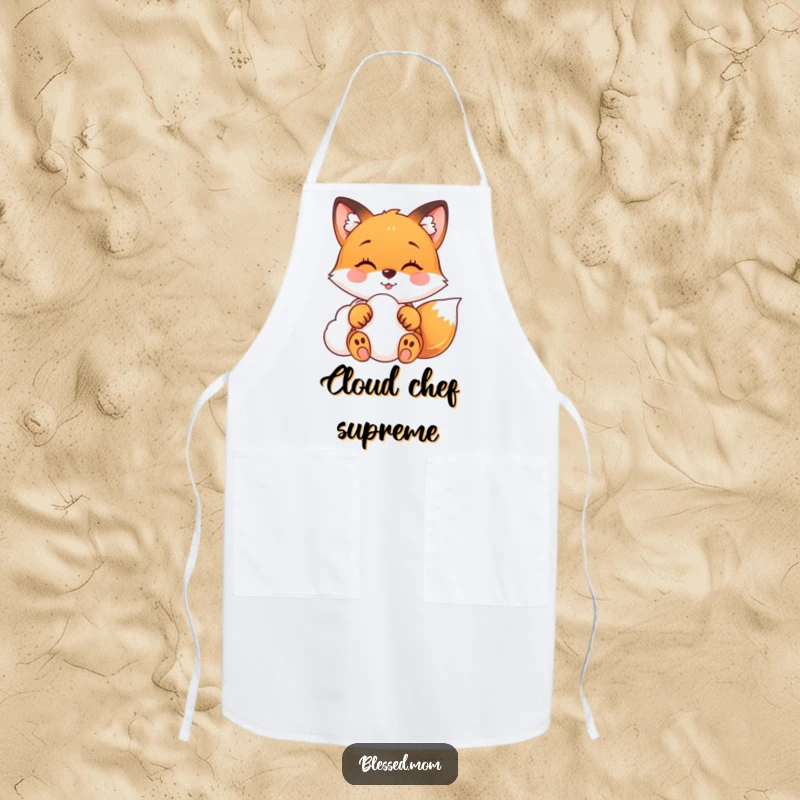 Funny fox apron showing a happy fox with paws gently touching a soft cloud, perfect for dreamy cooking.