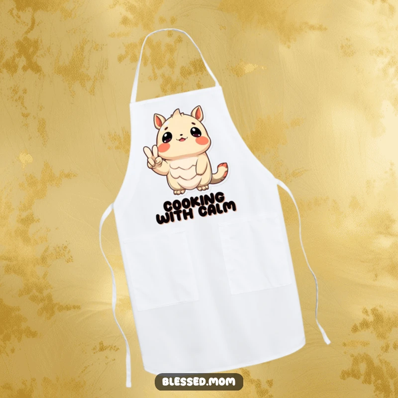 Funny Apron featuring a creature looking up with gratitude, holding a peace sign, ideal for cooking and kitchen fun.
