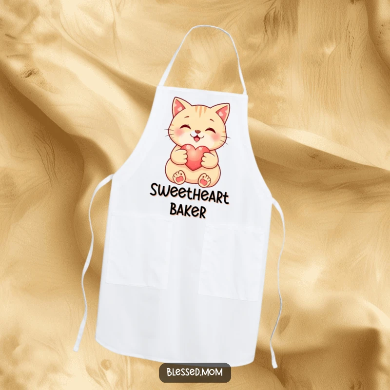 Funny Cat Apron: Smiling cat prepares food while cradling a small, glowing heart. A charming and funny kitchen essential.