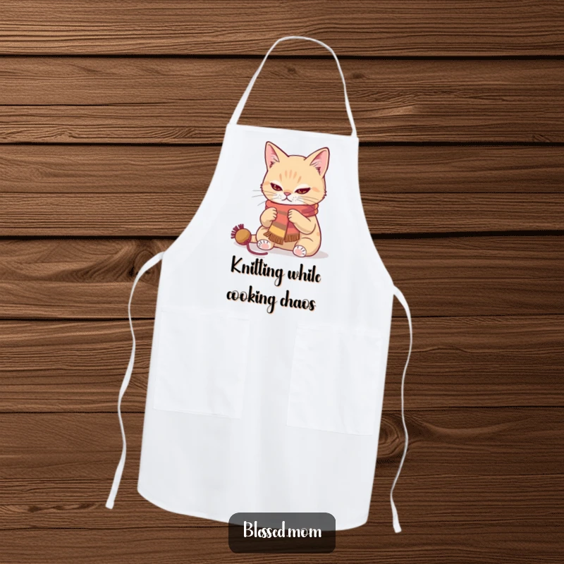 Funny cat knitter apron showing a determined cat focused on knitting a vibrant scarf, great for crafty cooks.