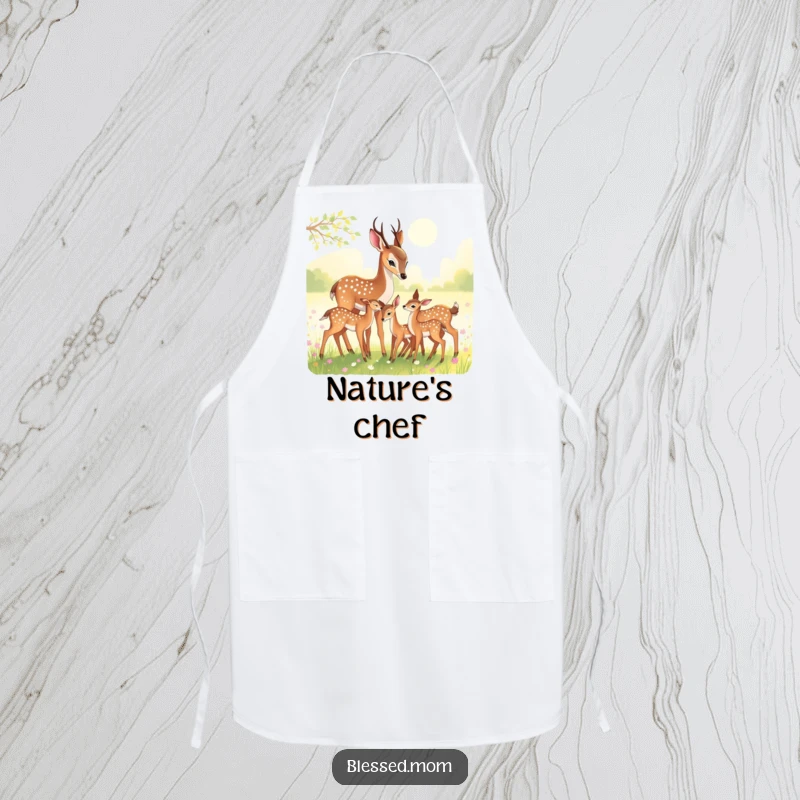 Funny Apron: Deer mom nuzzling her fawns in a sun-dappled meadow, a lovely cooking accessory.