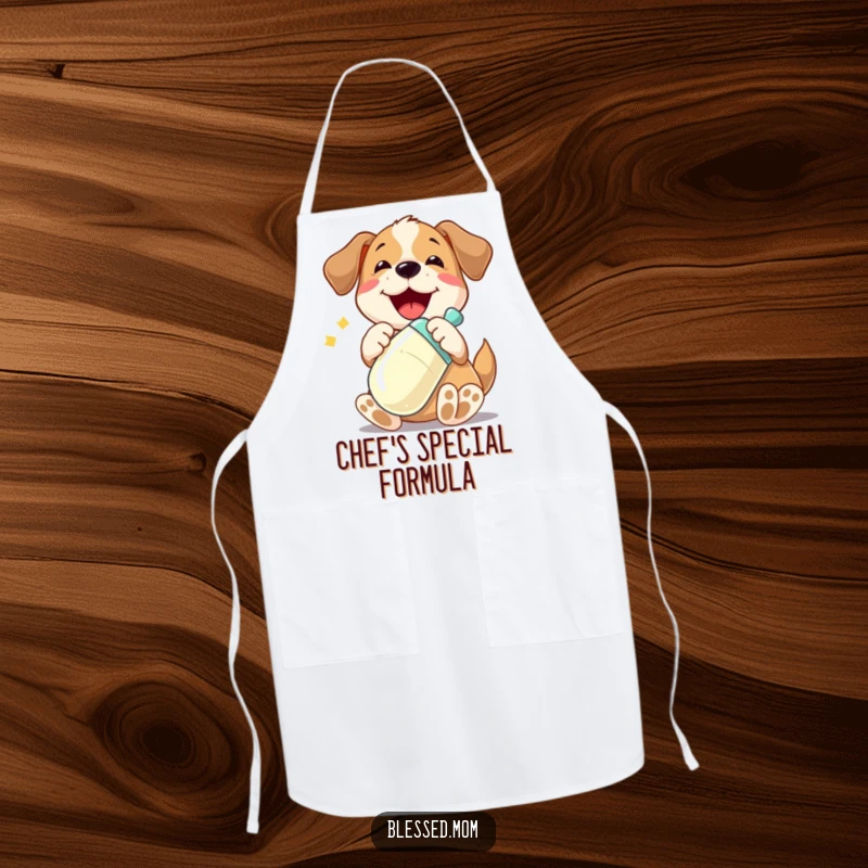 Funny apron with a playful dog character joyfully cradling a shiny baby bottle, protecting clothes with adorable canine humor.