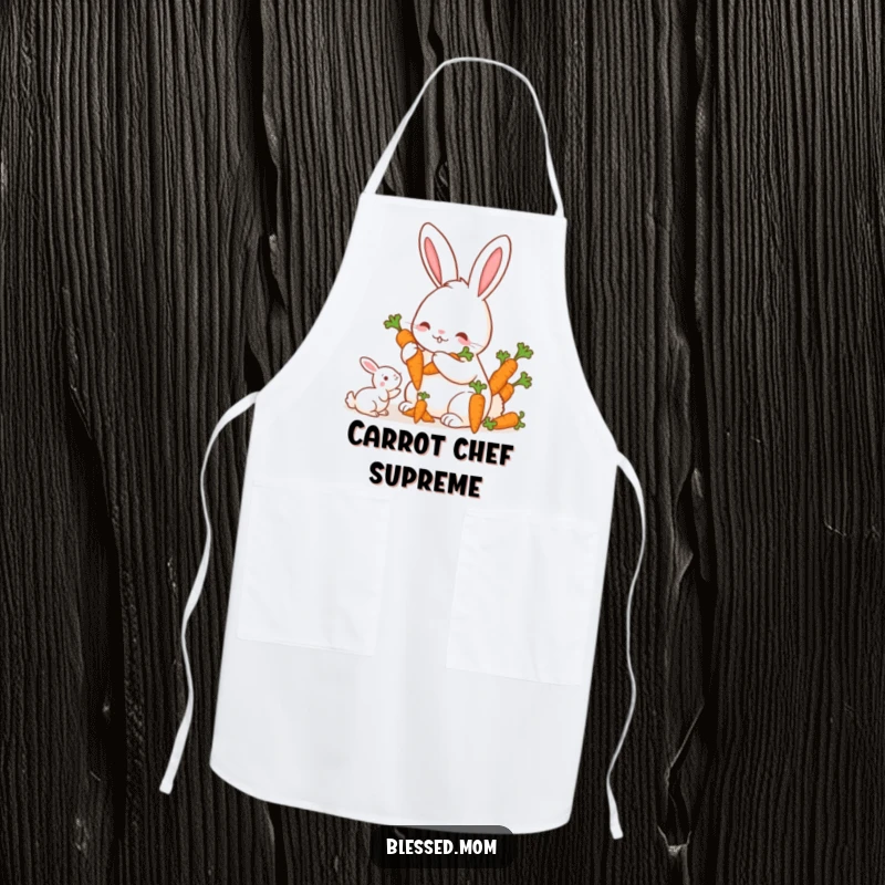 Funny Mama Rabbit Carrots Apron, a cute mother rabbit offering a bunch of carrots to her offspring, charming kitchen accessory, great funny gift.