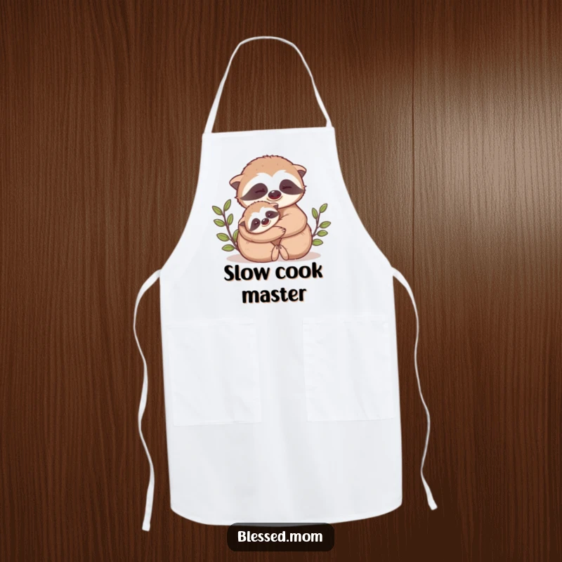 Funny Mama Sloth apron shows a cute mama sloth slowly hugging her baby, perfect for humorous kitchen activities.