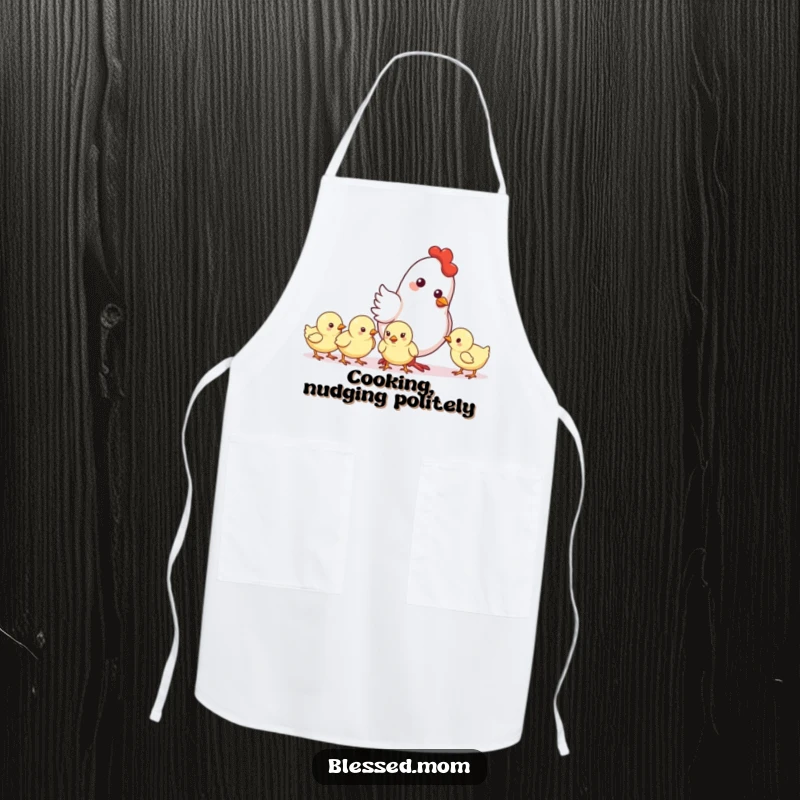 Funny Mother Hen Nudge Apron, a cute mother hen gently nudging her chicks forward, charming kitchen accessory, great funny gift.
