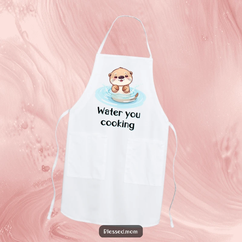 Funny otter mom apron, a playful mama otter splashing water in a sparkling pool. Perfect for messy cooks and water lovers.
