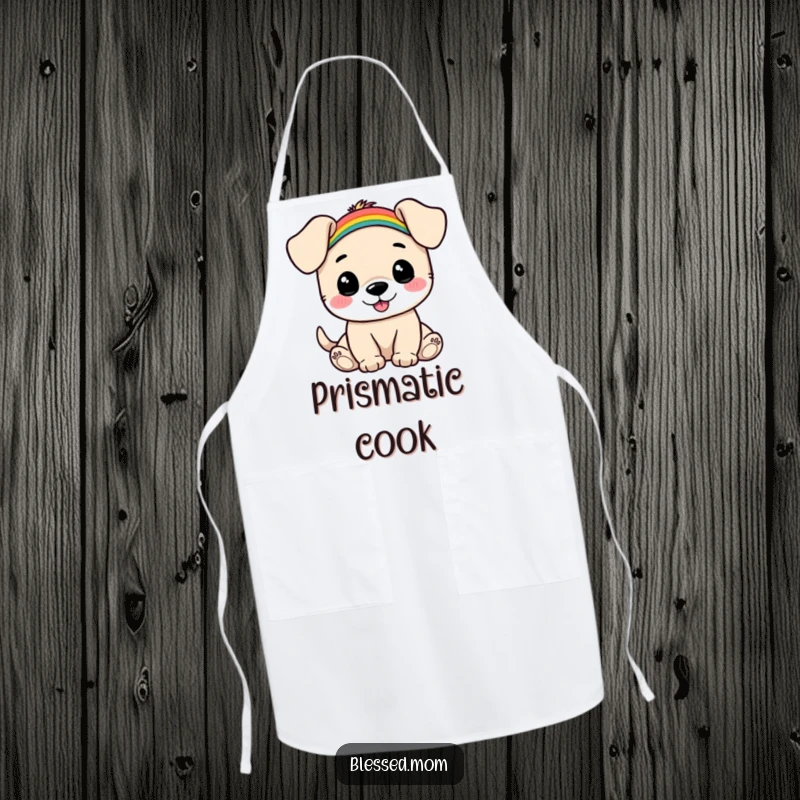 Funny Puppy Rainbow Apron: Happy puppy balances a small rainbow on its head while cooking. A cheerful and funny kitchen essential.
