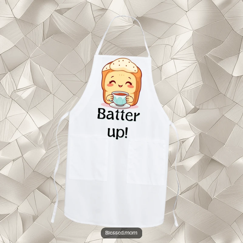Funny Apron: Smiling mother scone offering tea, a sweet kitchen accessory.