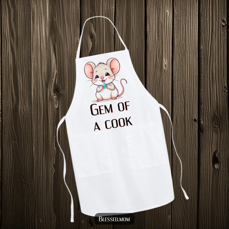 Funny mouse apron showing a cheerful mouse offering a tiny, sparkling jewel, perfect for happy cooking.