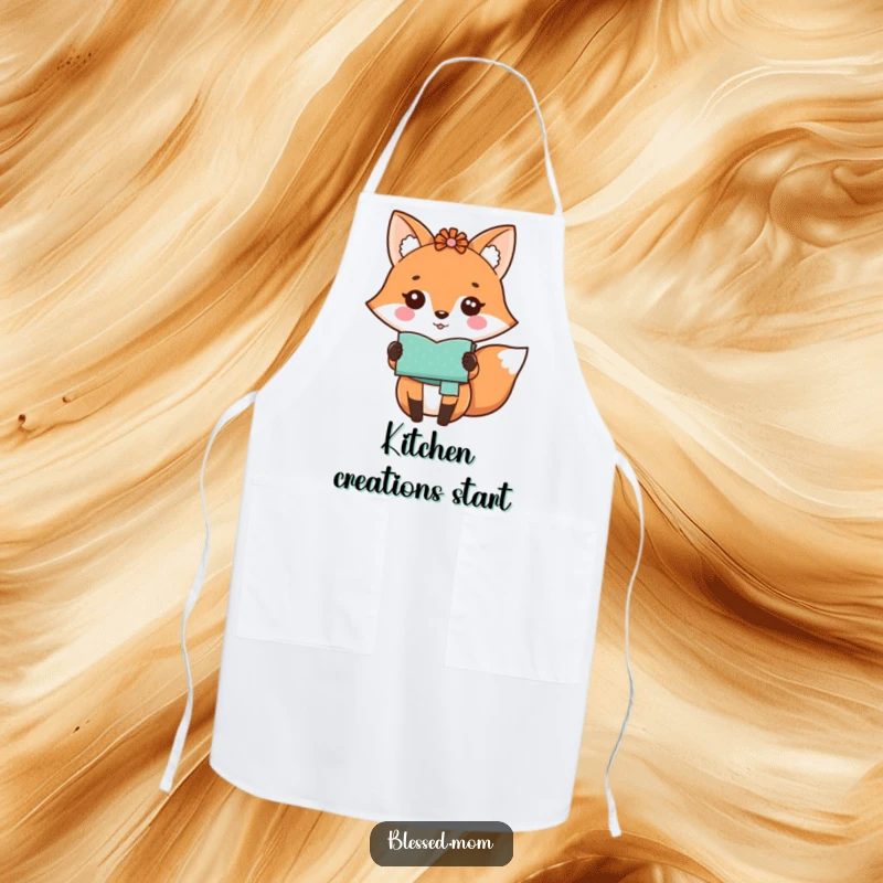 Funny kawaii fox mom proudly showing a handmade craft on a cute kitchen apron, a lovely gift.