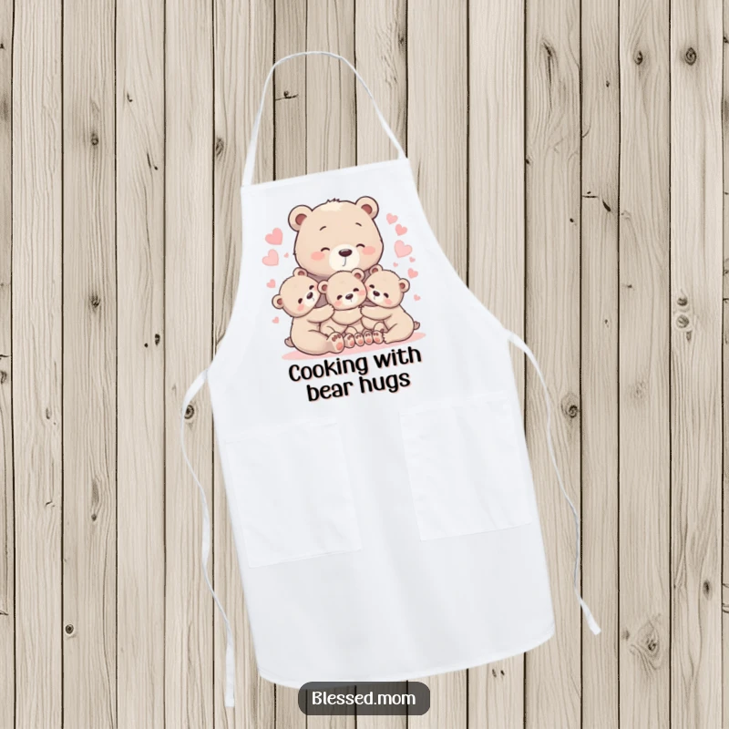 Loving bear mom apron with cubs in a heart-filled hug, a symbol of maternal care while cooking.