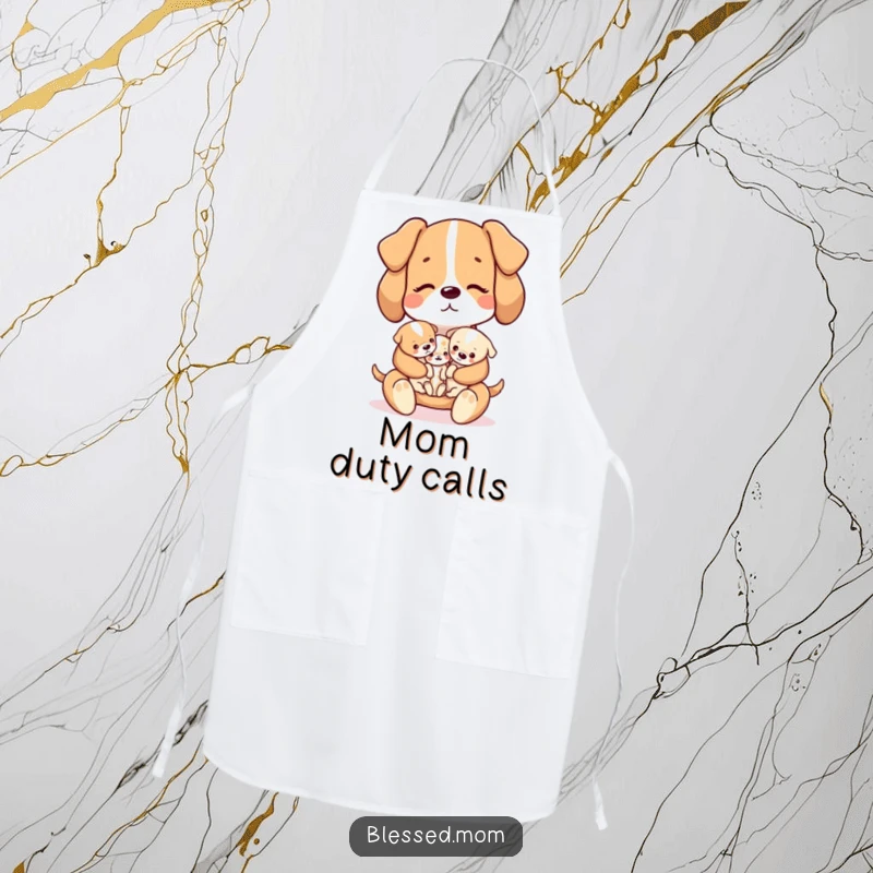 Funny kawaii dog mom holding tiny puppies on a cute kitchen apron, perfect for baking, a gift.