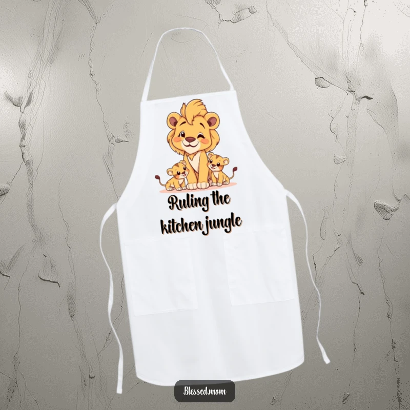 Proud lioness mom apron with cubs playing, symbolizing strength and protection in the kitchen.