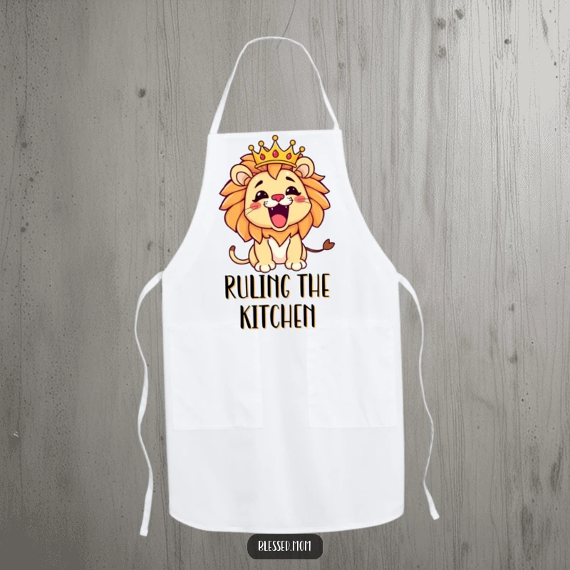 Funny Kawaii Lion Mom Apron: Playful lion mom roaring with a tilted crown, adding fierce fun and regal humor to kitchen activities.