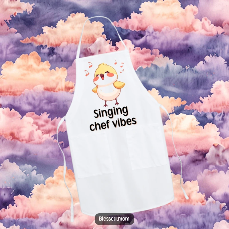 Funny bird apron showing a small bird singing a joyful tune, perfect for happy cooking and kitchen fun.