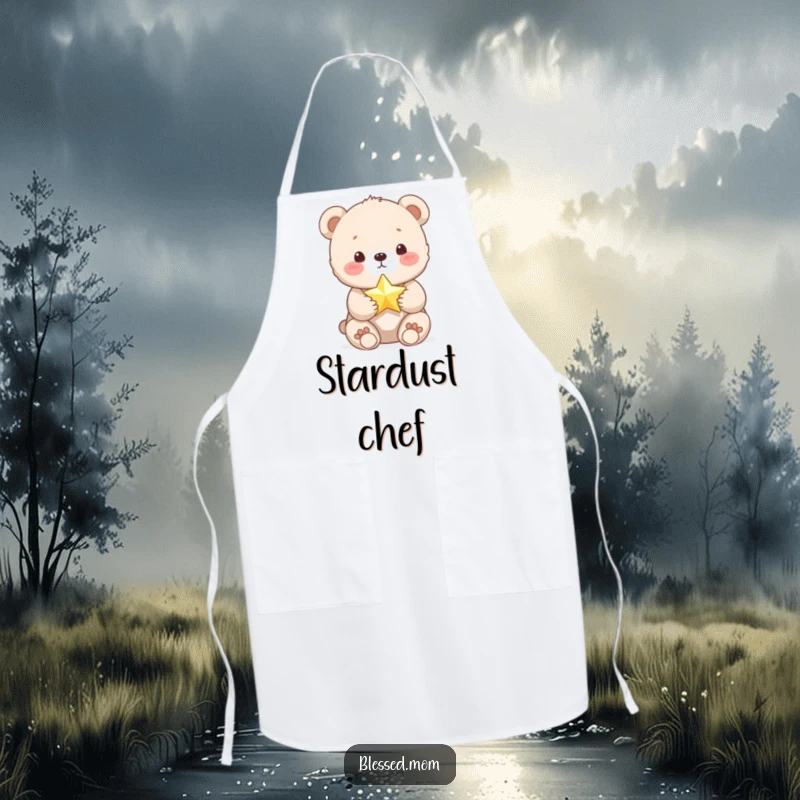 Funny Bear Cub Apron: Cute cub prepares a meal while holding a tiny, shimmering star. A delightful and funny kitchen gift.