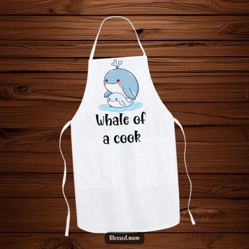 Funny kawaii mother whale spouting water over her calf, cute kitchen apron, cooking fun, perfect funny gift.