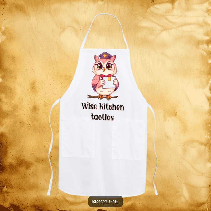 A funny owl mom wearing an apron and holding a diploma, perfect for kitchen tasks and celebrating graduation with wit.