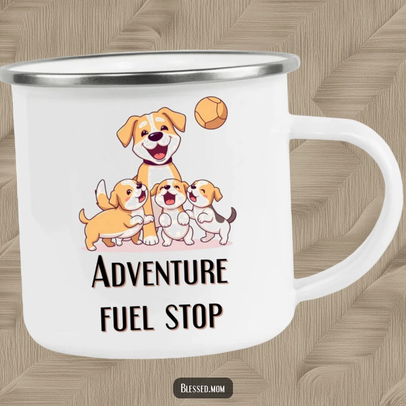 Funny Camping Mug: Dog mom and energetic puppies playing fetch, ready for outdoor fun.