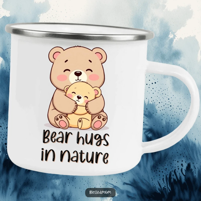 Funny Mama Bear Hug Camping Mug, a cute mother bear tightly hugging her cub with affection, sturdy and portable, perfect outdoor funny gift.
