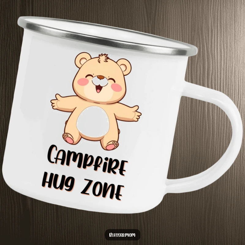 Funny bear mom camping mug, featuring a happy mama bear with outstretched arms, ready for a hug. Perfect for campers.