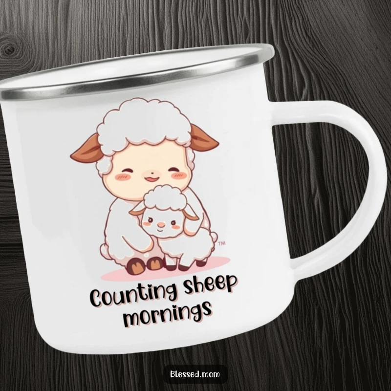 Contented sheep mom nuzzling her lamb on a durable camping mug, perfect for cozy outdoor moments and gentle adventures.