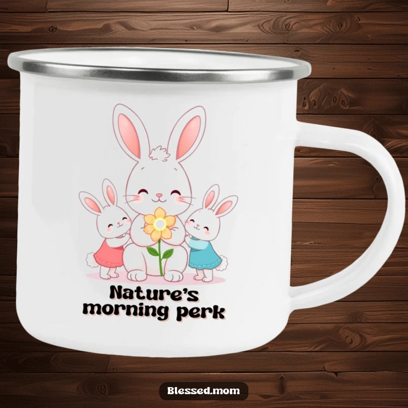 Funny kawaii bunny mom giving flowers on a durable camping mug, ideal for outdoors, a gift.