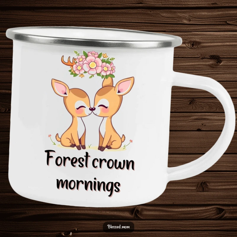 Kawaii deer mom gazing at a flower crown on a durable camping mug, perfect for nature lovers and outdoor excursions.