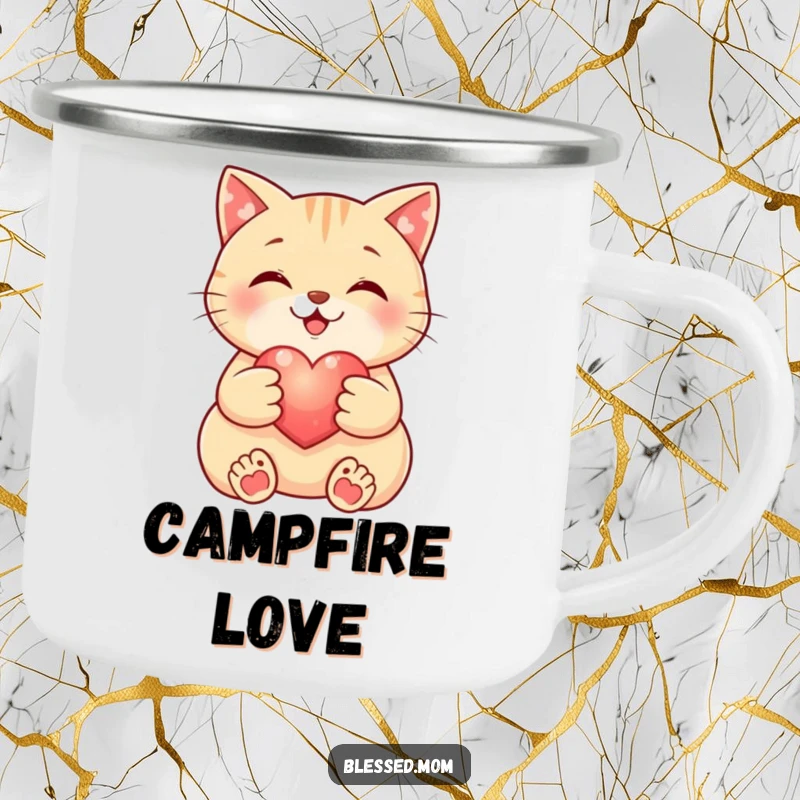 Funny Cat Camping Mug: Smiling cat cradles a small, glowing heart, perfect for outdoor adventures. A durable and funny gift.