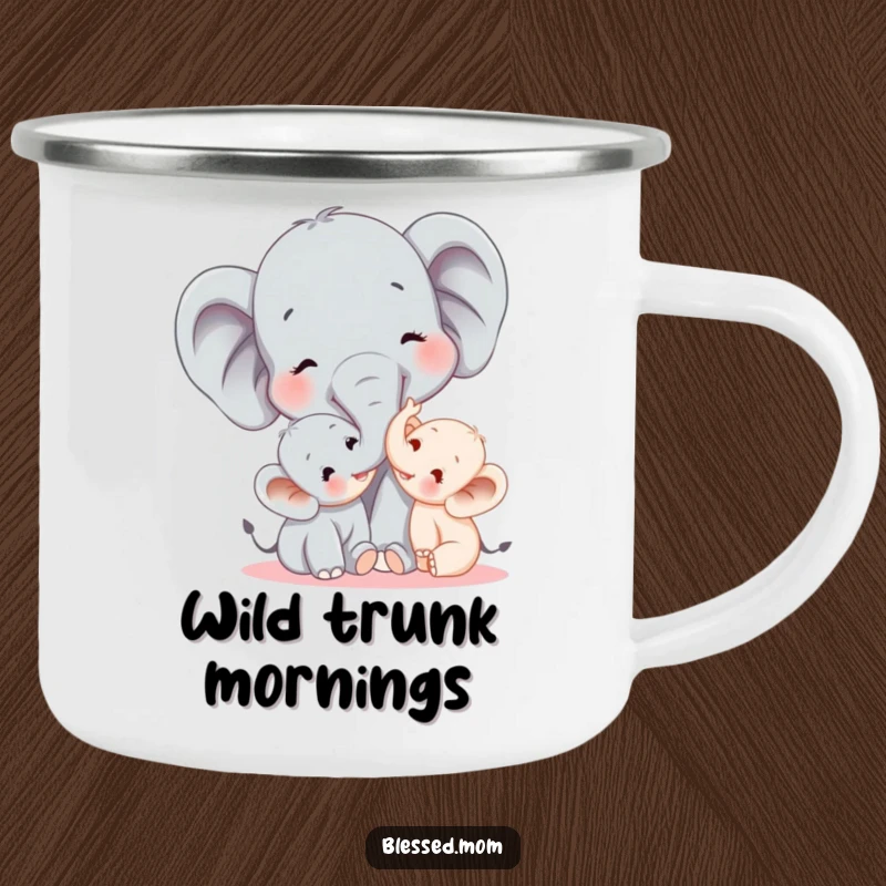 Funny elephant mom tickling her baby with her trunk on a durable camping mug, ready for outdoor fun and humorous moments.