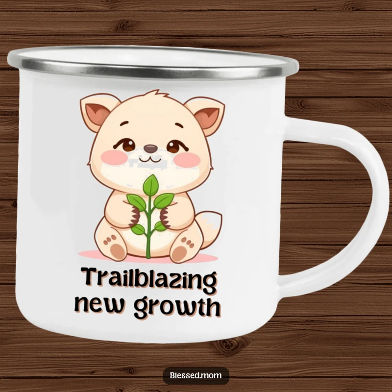 Funny Camping Mug with an animal holding a sprout, symbolizing growth. Durable and funny for outdoor use. A great funny gift.