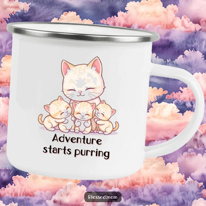 Funny kawaii mother cat grooms her playful kittens, pictured on a sturdy camping mug for enjoying drinks on the go.