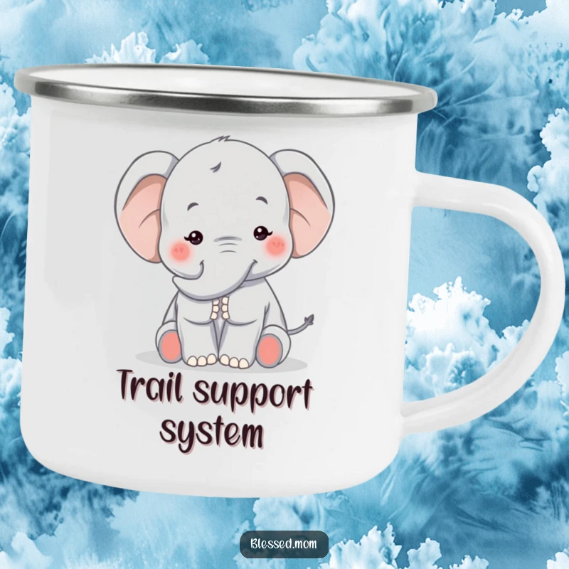 Funny Kawaii Elephant Mom Camping Mug: Gentle elephant mom with a comforting trunk pat, perfect for outdoor serenity and warmth.