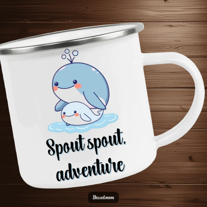 Funny kawaii mother whale spouting water over her calf, durable camping mug, cute outdoor adventure, perfect funny gift.