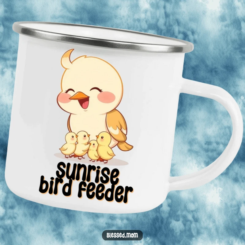 Funny mama bird camping mug, featuring a smiling mother bird feeding tiny chicks from her beak. Perfect for nurturing outdoor types.