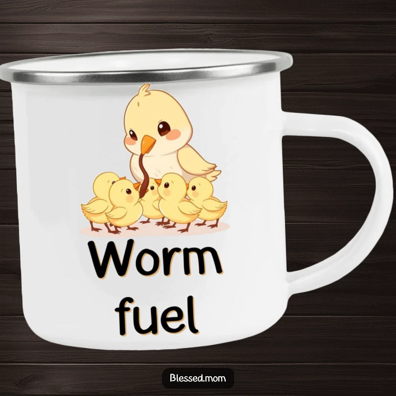 Funny Mama Bird camping mug depicts a cute bird feeding a worm to its eager chicks, designed for outdoor enjoyment.