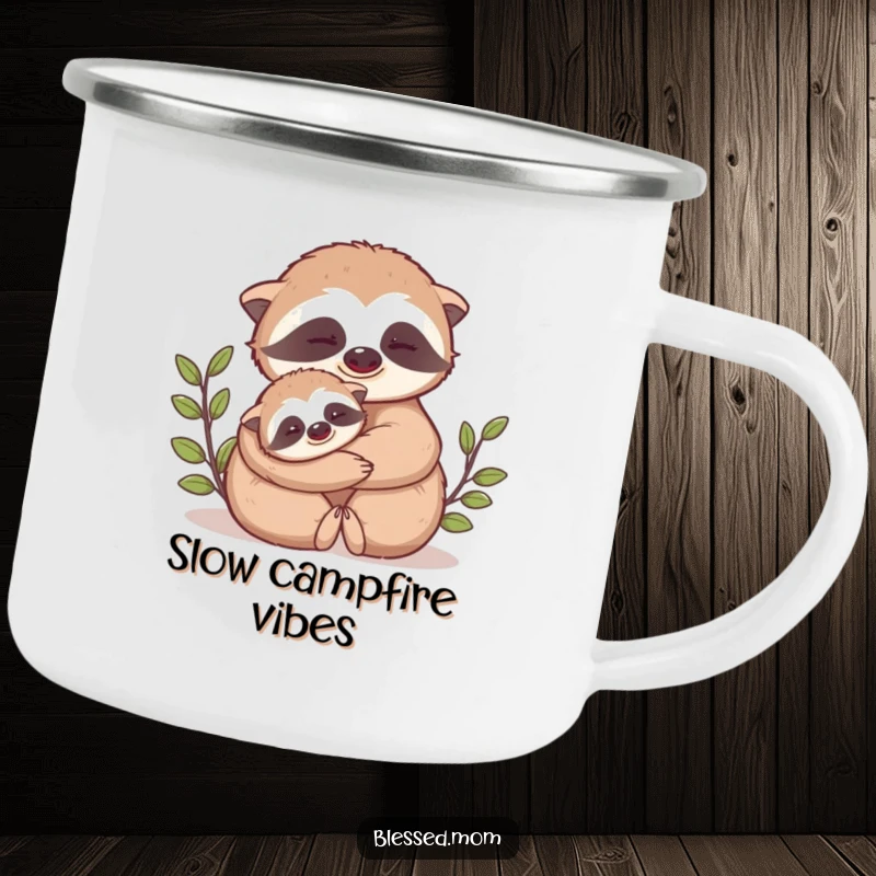 Funny Mama Sloth camping mug depicts a cute mama sloth slowly hugging her baby close, designed for outdoor enjoyment.