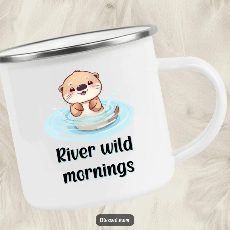 Funny otter mom camping mug, featuring a playful mama otter splashing in a sparkling pool. Perfect for outdoor fun.