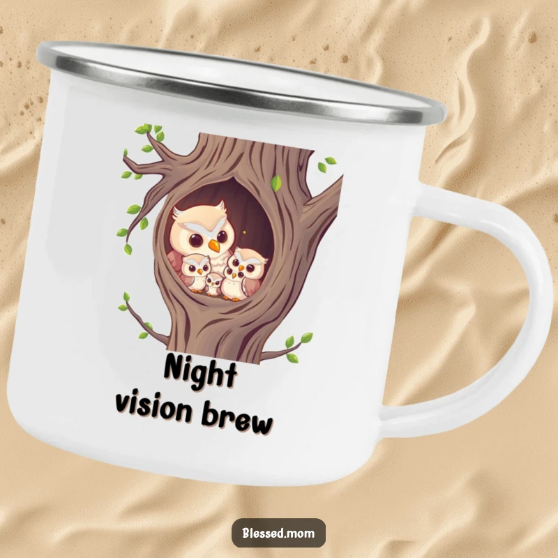 Funny Camping Mug: Owl mom hooting to owlets in a tree hollow, ready for camping.