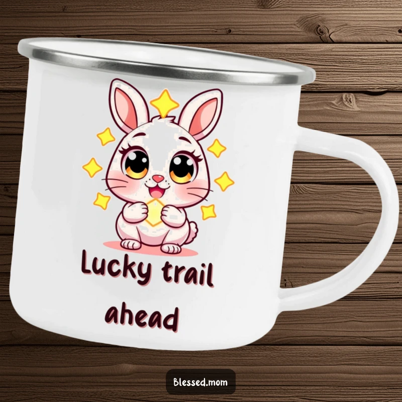 Funny camping mug with a cheerful rabbit character with wide eyes, holding a glowing charm, durable and whimsically magical drinkware.