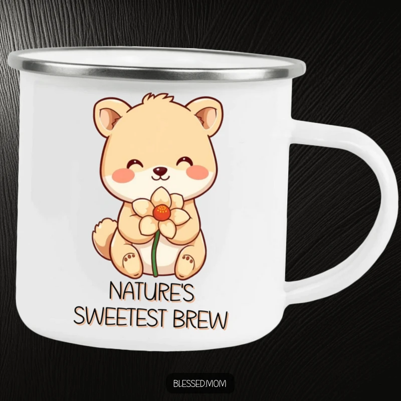 Funny Camping Mug with a smiling animal holding a flower, symbolizing sweetness. Durable and funny for outdoor use. A great funny gift.