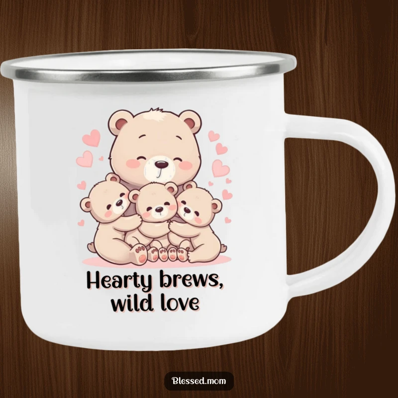 Cozy bear mom camping mug with cubs in a heart embrace, perfect for enjoying warm drinks outdoors.
