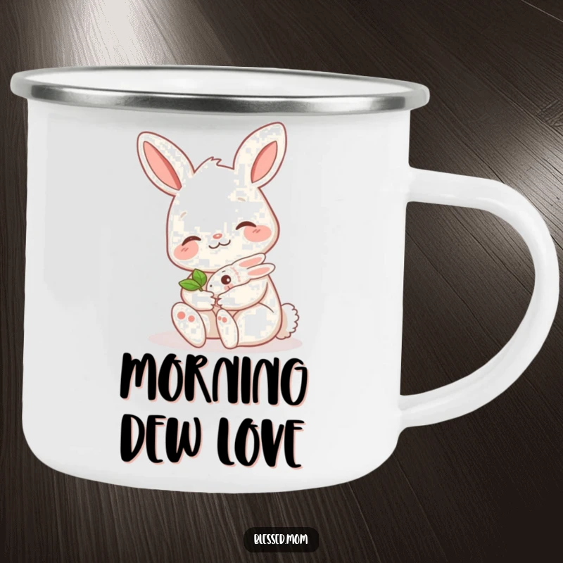 Funny bunny mom camping mug, featuring a cute mama hare cradling a tiny sprout, ideal for outdoor lovers and humorous gifting.