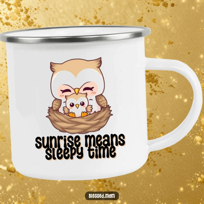 Funny camping mug showing a mother owl tucking her baby owl into a nest, great for outdoor-loving moms.